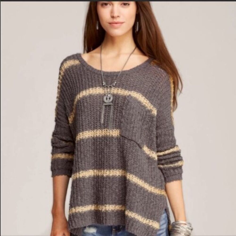 Free People Greenwich Village Oversized Sweater Gray & Yellow Stripe XS